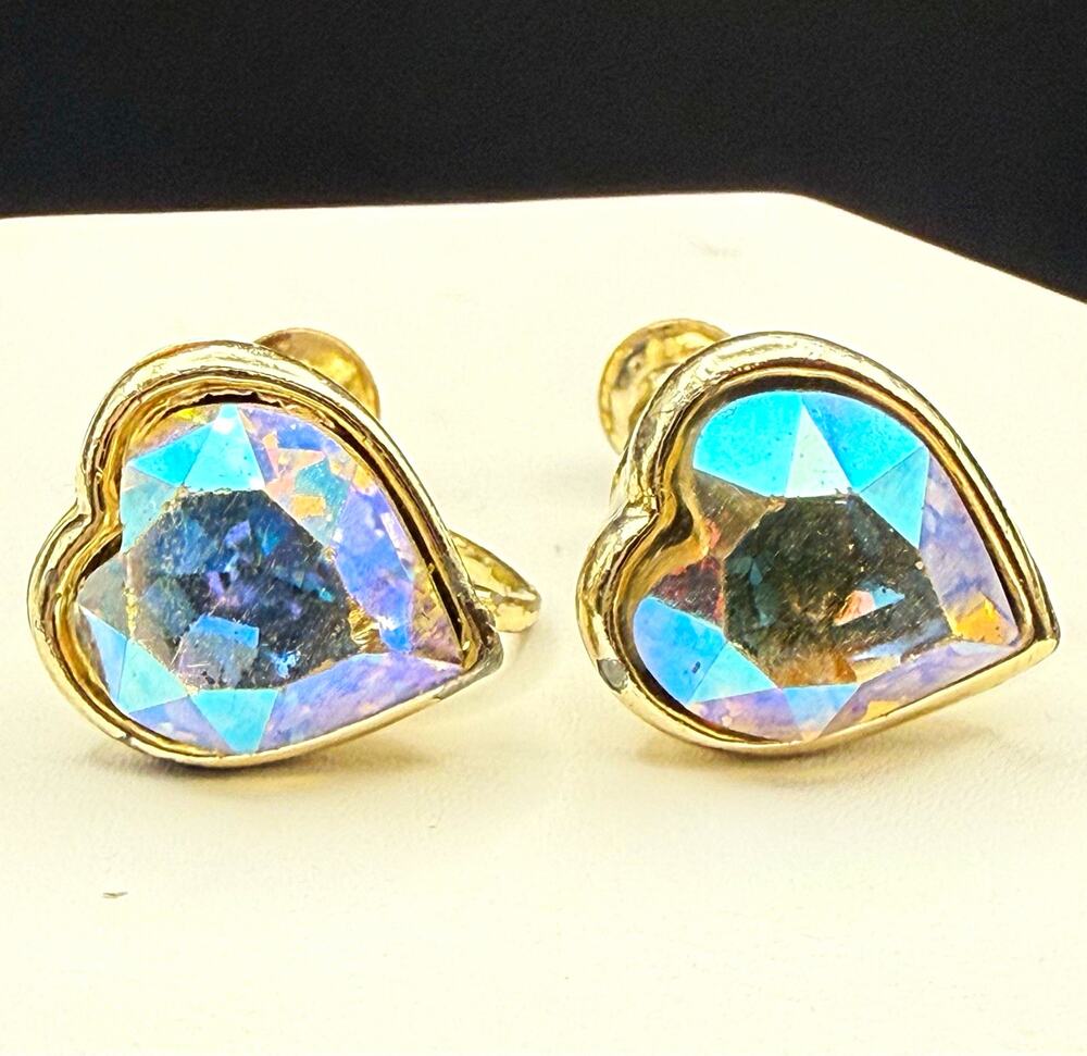 Vintage Gold Tone Heart Multicolor Crystal Bezel Screw Back Clip On Earrings